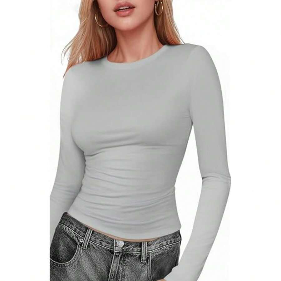 Ladies' Basic Long Sleeve Round Neck T-Shirt, Slim Fit, 2024 Autumn Y2K Style Crop Top, Cute Tight-Fitting Shirt - 淺灰色 - 查看 1