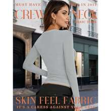 Ladies' Basic Long Sleeve Round Neck T-Shirt, Slim Fit, 2024 Autumn Y2K Style Crop Top, Cute Tight-Fitting Shirt - 淺灰色 - 查看 2