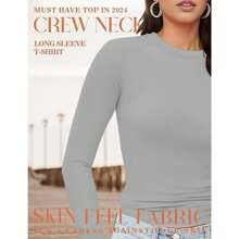 Ladies' Basic Long Sleeve Round Neck T-Shirt, Slim Fit, 2024 Autumn Y2K Style Crop Top, Cute Tight-Fitting Shirt - 淺灰色 - 查看 3