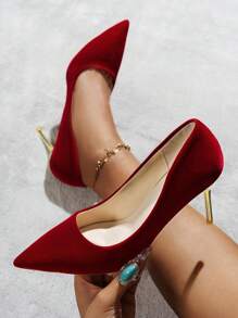 女士纯红色天鹅绒高跟鞋，设计简洁优雅，舒适 - 酒紅色 - 查看 5