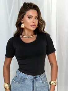 Body Collant Feminino Básico Manga Curta Modelador Versátil Moda Casual Blogueira Gringa - Preto - Visão 2