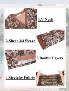 CheersLife Áo sơ mi nữ tay 3/4, cổ chữ V, áo hai lớp, áo lưới - Cà phê nâu - Xem 3