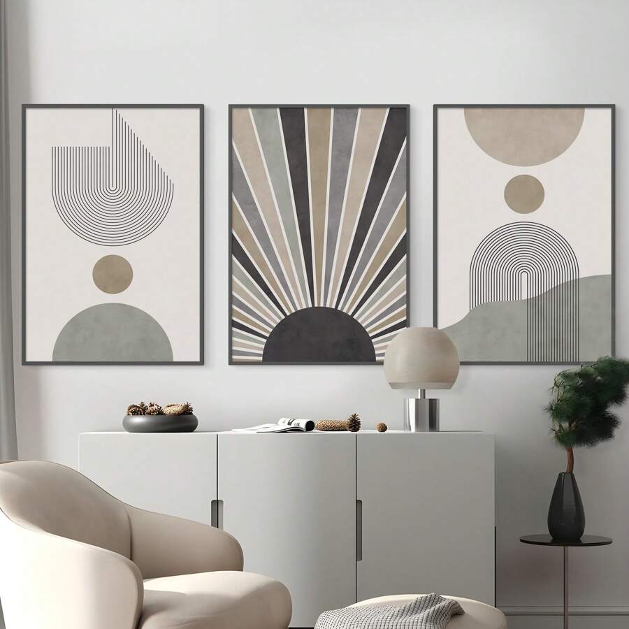 1/3pcs Mid Century Modern Prints Canvas Paintings Boho Wall Art Sun And Rainbow Poster Abstract Bohemian Ideal For Home Living Room Bedroom Decor Unframed - Multicolor - View 1