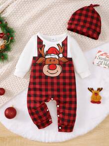 BrownBark 男宝宝可爱舒适圣诞小鹿格子印花长袖连体衣带帽子两件套 - 紅色 - 查看 2