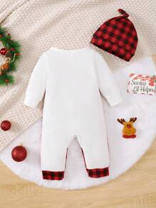 BrownBark 男宝宝可爱舒适圣诞小鹿格子印花长袖连体衣带帽子两件套 - 紅色 - 查看 9