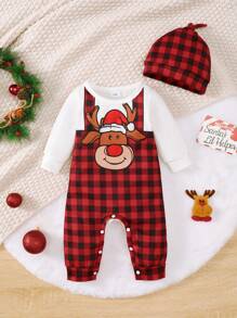 BrownBark 男宝宝可爱舒适圣诞小鹿格子印花长袖连体衣带帽子两件套 - 紅色 - 查看 7