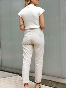 Women's Tailored Linen Trousers, High Waist - Beige - View 2