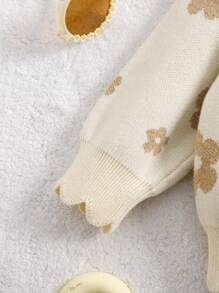 2 件装女婴花卉印花针织毛衣上衣 + 裤子套装，宽松柔软保暖幼儿服装，秋冬季