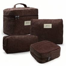 4 Pcs Makeup Bag For Women Corduroy Cosmetic Bag Aesthetic Cute Bags Multi Size Purse Pouch Travel Toiletry Bag Set Makeup Organizer With Zipper - màu nâu - Xem 1