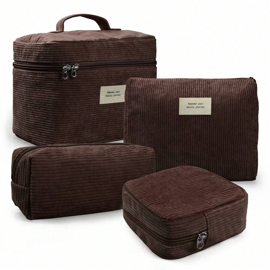 4 Pcs Makeup Bag For Women Corduroy Cosmetic Bag Aesthetic Cute Bags Multi Size Purse Pouch Travel Toiletry Bag Set Makeup Organizer With Zipper - màu nâu - Xem 1