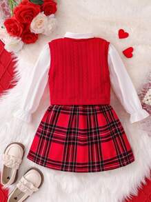 3pcs/Set Young Girls Fashion Spring/Autumn Outfit, Including Solid Color Lapel Blouse, V-Neck Knit Vest, And Plaid Bow Elastic Waist Skirt, Comfortable Casual Versatile Childrenswear