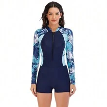 Traje de baño de surf para mujer Sexy Traje de baño de una pieza de manga larga Traje de baño de una pieza para natación, playa, surf Traje de baño de una pieza con fondo plano - Azul Marino - Ver 7