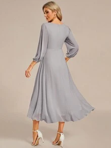 优雅V领长袖秋冬婚礼宾客礼服，灰色伴娘礼服，适合特殊场合和浪漫正式着装 - 灰色 - 查看 3