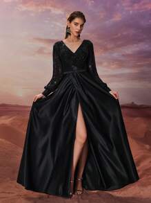 YISIKADO Women's Ball Evening Dress Elegant Elegant Sequined Color Matching Twill V-Neck Lantern Sleeve Graduation Dress, Long Sleeve Semi Formal Prom Dress, For Birthday, Wedding Guest Homecoming - Black - View 5