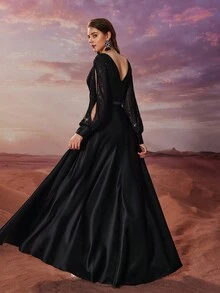 YISIKADO Women's Ball Evening Dress Elegant Elegant Sequined Color Matching Twill V-Neck Lantern Sleeve Graduation Dress, Long Sleeve Semi Formal Prom Dress, For Birthday, Wedding Guest Homecoming - Black - View 3