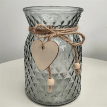 1pc Glass Vase With Wooden Hearts And Rope Modern Clear Textured Flower Vase Home Decor Centerpiece Table Decor Vase (Flowers Not Included) Gifts Birthday Graduation Back To School Room Decor School Supplies