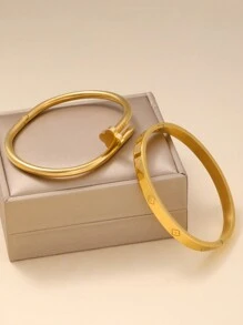 2pcs Luxury Stainless Steel Four-Leaf Clover Bangle & Bracelet Set, Versatile Jewelry Gift For Women Valentines,Mom,Mother,Mother's Day,Gift - Yellow Gold - View 3