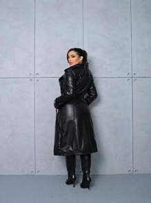 Women's Long PU Leather Lined Overcoat - 黑色 - 查看 3