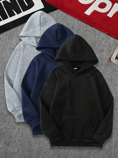 3pcs Teen Boy Casual Solid Color Minimalist Versatile Pullover Hoodies With Kangaroo Pouch, Spring Autumn Sweatshirt