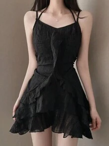2025 Ruffled Strap Dress, Fashionable French Style, Youthful Effect, Superb A-Line Silhouette, High Waist Petite Dress - Black - View 1