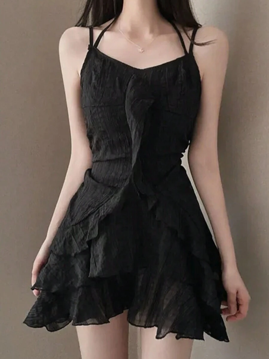 2025 Ruffled Strap Dress, Fashionable French Style, Youthful Effect, Superb A-Line Silhouette, High Waist Petite Dress - Black - View 1