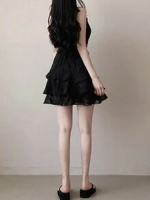 2025 Ruffled Strap Dress, Fashionable French Style, Youthful Effect, Superb A-Line Silhouette, High Waist Petite Dress - Black - View 3