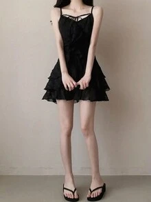2025 Ruffled Strap Dress, Fashionable French Style, Youthful Effect, Superb A-Line Silhouette, High Waist Petite Dress - Black - View 4