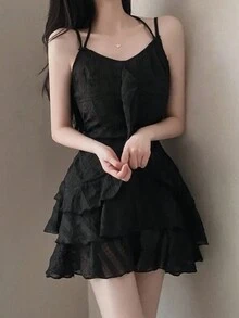 2025 Ruffled Strap Dress, Fashionable French Style, Youthful Effect, Superb A-Line Silhouette, High Waist Petite Dress - Black - View 5