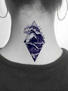 1 件果汁临时纹身，几何三角形，浮世绘波浪化妆图案逼真人体艺术防水蓝色显示不反光假纹身贴纸持久 5-14 天适合男女 - 黑色 - 查看 4