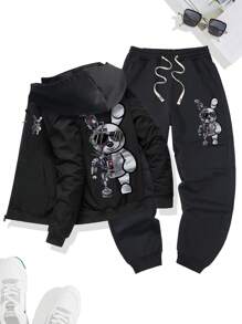 2pcs Casual Men's Spring Autumn Mechanical Rabbit Pattern Print Long Sleeve Jacket And Pants Set, Cozy Outfits - Black - View 1