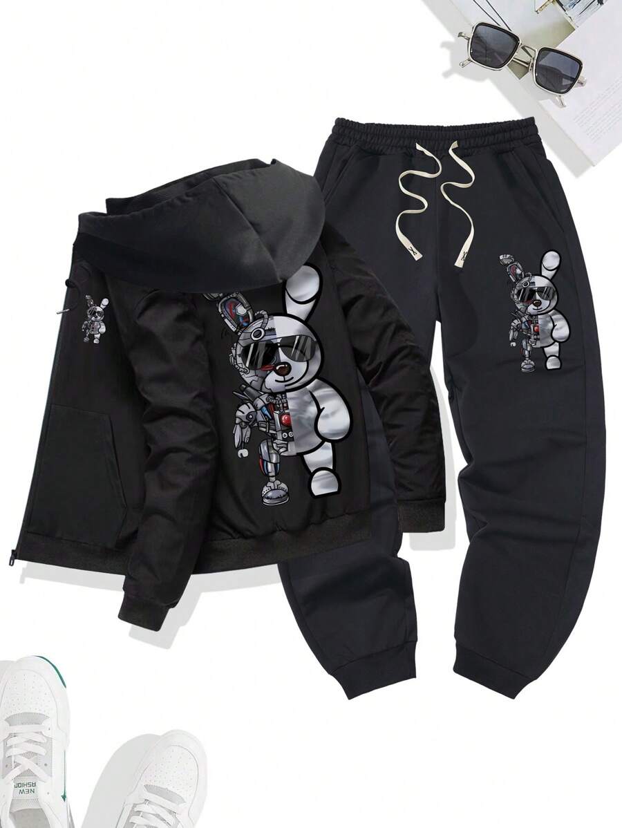 2pcs Casual Men's Spring Autumn Mechanical Rabbit Pattern Print Long Sleeve Jacket And Pants Set, Cozy Outfits - Black - View 1