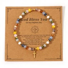 1 pieza Nuevo brazalete de verano con cuentas de gema cuadradas y en forma de cruz, electrolíticas y de colores, de moda, elegante, regalo para mujeres y niñas, regalo de Pascua, viene con tarjeta de bendición, regalos para parejas/mejores amigos