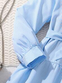 青少年女孩简约条纹领长袖衬衫裙，春秋装 - 藍色 - 查看 4