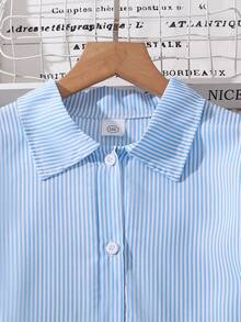 青少年女孩简约条纹领长袖衬衫裙，春秋装 - 藍色 - 查看 3