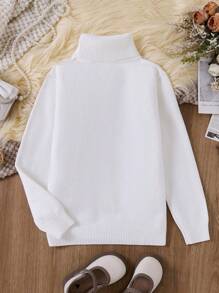 1pc Young Girl Korean Style High Neck Solid Color Long Sleeve Pullover Sweater, Tween Pure White Knit Top, Versatile Fashion Autumn Knitwear - White - View 5