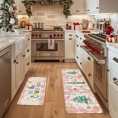 1/2 件加厚 0.47 英寸/1.2 厘米圣诞快乐厨房垫，粉色圣诞树和胡桃夹子图案厨房垫，家庭厨房吸水防滑垫，走廊长条地垫，卧室床边毯垫，房间装饰，家居装饰，圣诞装饰