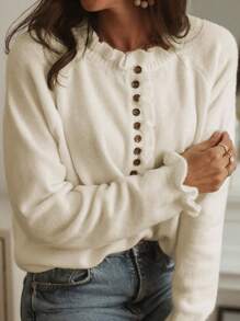 圆领毛衣 - 优雅长袖荷叶边下摆毛衣，适合秋冬季，柔软舒适的女士服装，适合寒冷天气，长袖上衣 - 白色 - 查看 1