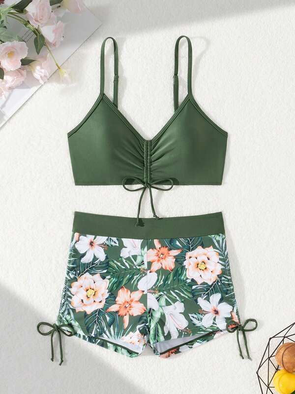 Floral Print Wrap-Style Swim Trunks, Suits For Various Occasions Bikini Swimwear 2 Pieces Set, For Summer Beach Vacation