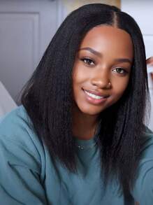 16 Inches Kinky Straight Bob Wig Black Shoulder Length Straight Bob  Synthetic Hair Wigs Bob Kinky Straight Wig Short Kinky Wig