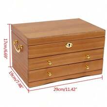 Large Wooden Jewelry Box W/ Safe Lock 3 Layers Retro Storage Organizer Gift - 木頭 - 查看 2
