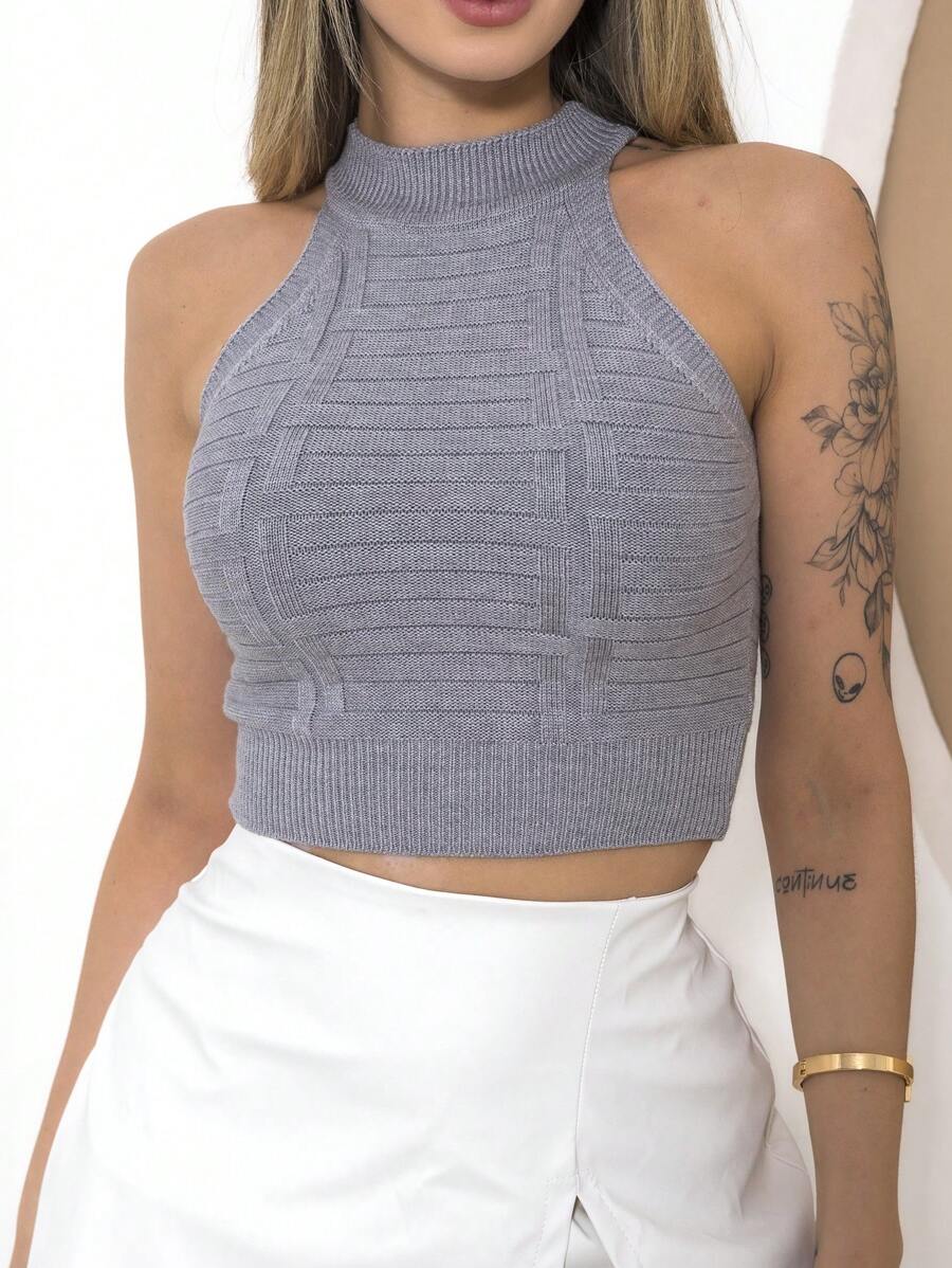 Women's Sleeveless Cropped Modal Top With High Neck Textured Knit - Grey - View 1
