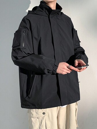 Boyfriend-Stil Herrenjacke mit Kapuze, Sportjacke mit Mehrfachtaschen, lässiger College-Stil Top, mit Klettverschluss, geeignet für Frühlings- und Herbstsportkleidung
