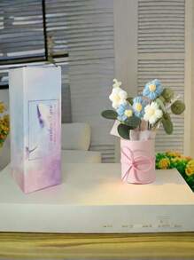 1 Set Handmade Knit Yarn Artificial Flower Bouquet With 5pcs Crochet Flowers, Fabric Knitted Flowers, Plastic Barrel, Packaging Paper Suitable For Birthday Or Anniversary Gift For Mom,Women, Bestie, Friend, Mother'S Day Gift, Valentine'S Day Gift, Birthday Gifts, Home Table Decoration, Valentine Day, Gift,Fake Plants