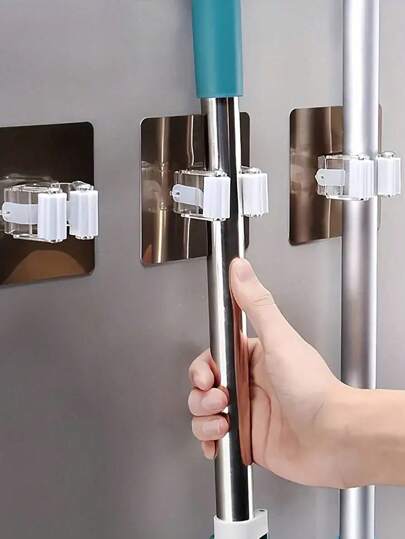 1/2/4pcs No Drilling Wall Mounted Heavy Duty Mop Hooks, Multi-Function Strong Mop Clips, Max Load 3000g/6.6lb, Mop Holder, Mop Rack, Convenient Bathroom Accessory, Cleaning Tool Organizer,Bag,Organizer,Storage,Kitchen