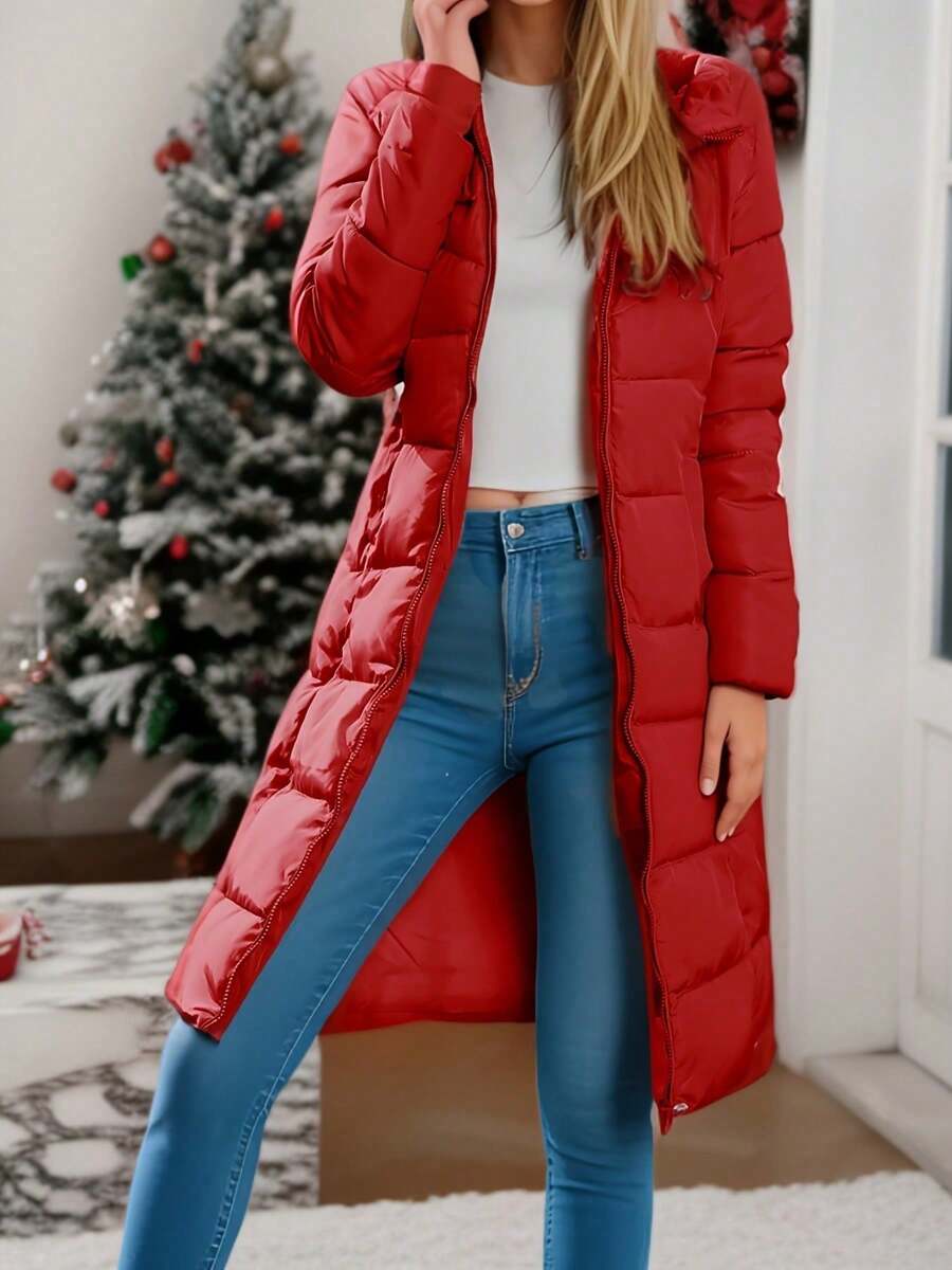 Slim Fit Women's Hooded Winter Coats Warm Parka Jacket Long Quilted Thicken Jacket - 紅色 - 查看 1