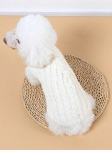 1pc Knitted Cable Sweater For Pets, Solid Color, Keep Warm In Winter - White - View 5
