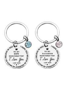 1 pieza Llavero de acero inoxidable con etiqueta redonda de 28MM "Para mi hija/hijo" con cristales rosas y azules - Multicolor - Ver 1