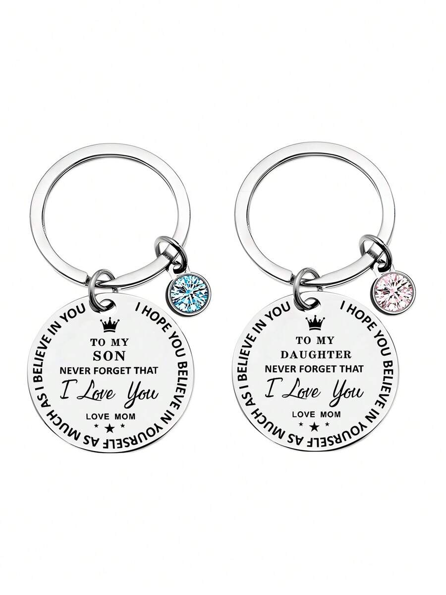 1 pieza Llavero de acero inoxidable con etiqueta redonda de 28MM "Para mi hija/hijo" con cristales rosas y azules - Multicolor - Ver 1
