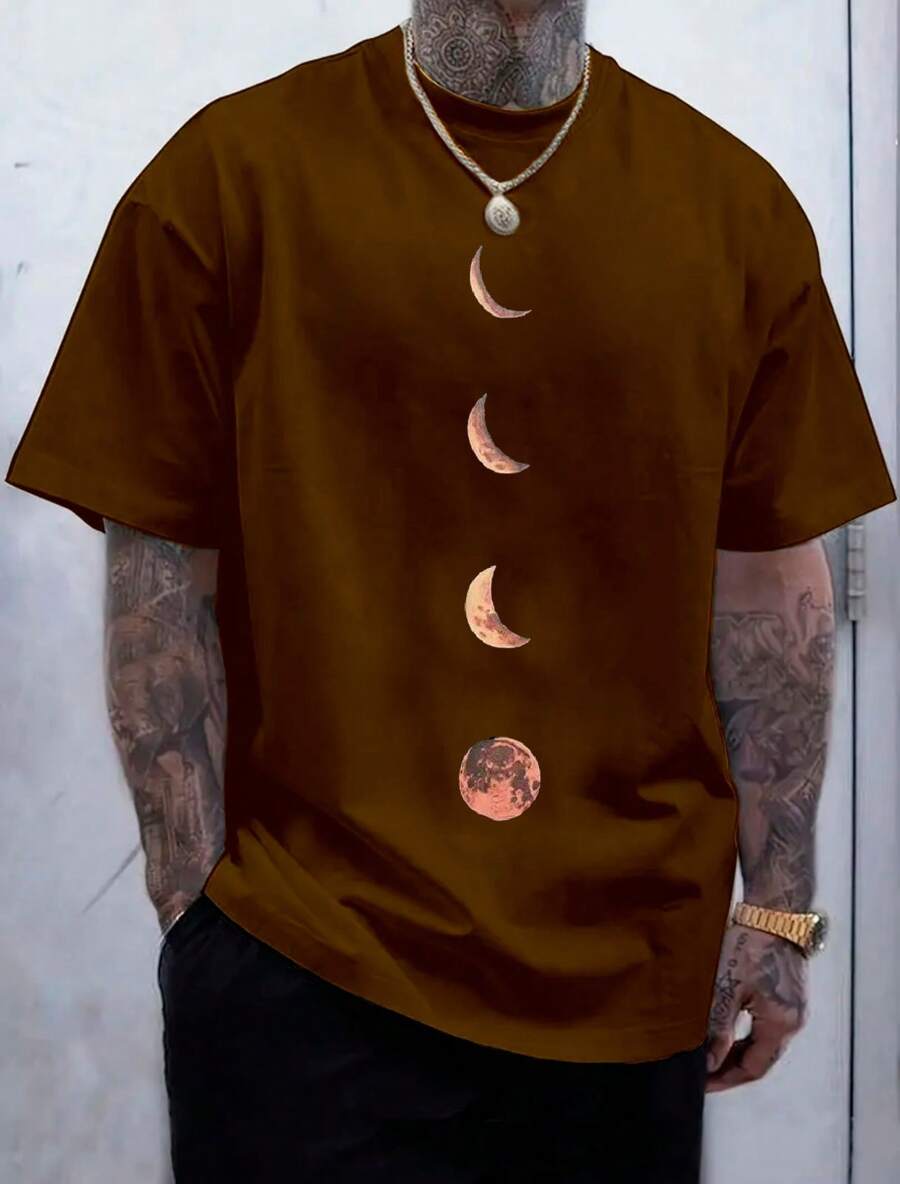 Basic Moon Phases T-Shirt (FRONT) Men's Women's Cotton Shirt Reinforced Stitching Unisex StreetWear - 鏽棕色 - 查看 1