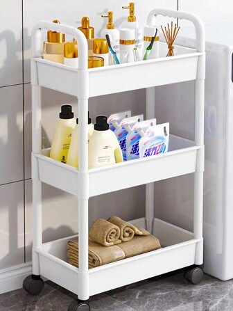 1pc Small Trolley Shelf, New Design Kitchen Free-Standing Storage Rack, Bedroom Snack Organizer With Movable Casters, Bathroom Storage Shelf (Comes With 4 Hooks)